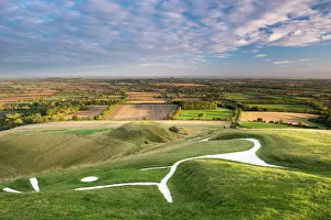 Prints of Sunrise at the White Horse, Uffington, Oxfordshire, England, United Kingdom, Europe Oxfordshire Prints: Print of the White Horse at Sunrise, Uffington