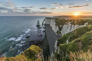 Coastal Landscape Photography Prints: Sunrrays at dawn at the cliffs, Etretat, Normandy, France, Europe