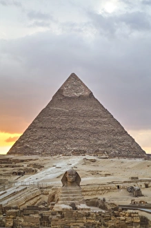 Giza Pyramids Sunset Prints: Sunset, Sphinx in foreground and the Pyramid of Chephren, The Pyramids of Giza, UNESCO