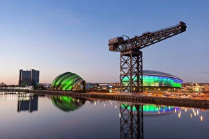 Images Dated 4th January 2017: Sunset view of River Clyde, Finnieston Crane, The Hydro and the Armadillo, Glasgow