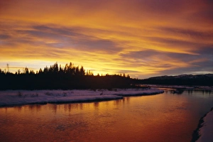 US National Parks Scenic Beauty Prints: Sunset over a warm river in winter
