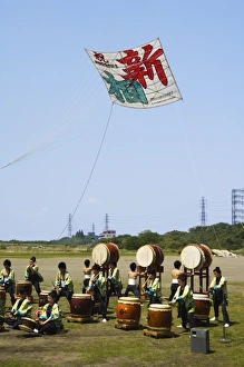 Prints of Taiko drumming group, Otako age giant kite flying festival, Sagamihara, Kanagawa prefecture, near Tokyo, Japan, Asia Sagamihara Prints: Taiko Drumming Group Print, Sagamihara Festival Scene