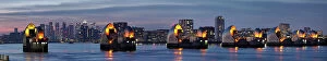 Images Dated 15th February 2023: Thames Barrier dusk panorama with Canary Wharf beyond, London, England, United Kingdom, Europe