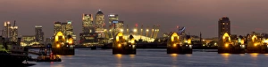 Thames Flood Barrier with Docklands and Canary Wharf panorama from Woolwich, London Thames Flood Barrier with Docklands and Canary Wharf panorama from Woolwich, London