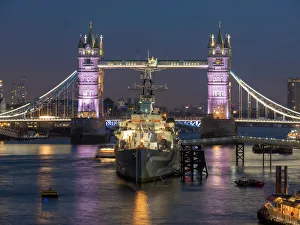Tower Bridge and HMS Belfast on the River Thames at dusk, London, England, United Kingdom Tower Bridge and HMS Belfast on the River Thames at dusk, London, England, United Kingdom