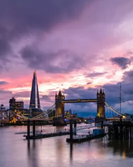 Images Dated 11th November 2021: Tower Bridge and The Shard at sunset, London, England, United Kingdom, Europe