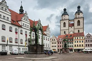 Town Square with Stadtkirke and Town Hall, Staue of Martin Luther, Lutherstadt Wittenberg Town Square with Stadtkirke and Town Hall, Staue of Martin Luther, Lutherstadt Wittenberg