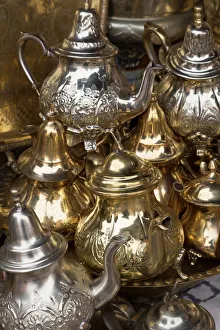 Traditional Moroccan teapots for sale in the souks, Marrakech, Morocco, North Africa Traditional Moroccan teapots for sale in the souks, Marrakech, Morocco, North Africa