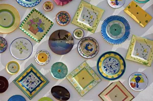 Traditional Portuguese pottery at artisan workshop with plates on wall, Cape St Traditional Portuguese pottery at artisan workshop with plates on wall, Cape St