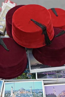 Traditional Turkish fezes and postcards for sale, Istanbul, Turkey, Europe Traditional Turkish fezes and postcards for sale, Istanbul, Turkey, Europe