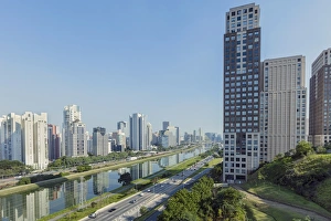 Traffic on Marginal Pinheiros urban highway, the Pinheiros Rriver and skyline of Traffic on Marginal Pinheiros urban highway, the Pinheiros Rriver and skyline of