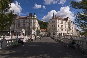 Prints of The triple bridge Center of Lublijana with the castle in the background, Slovenia, Europe Slovenia Prints: The Triple Bridge Center Print, Ljubljana Castle Background