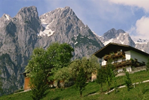 Austrian Alps Scenery Prints: Typical chalet, with mountains behind, in the Werfern area of Austria, Europe
