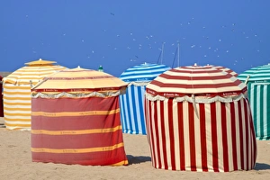 Normandy Coastal Scenery Prints: Typical color striped beach cabins, beach and sea, Trouville sur Mer, Normandy, France