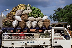 Van loaded with bananas on its roof leaving the market, Stone Town, Zanzibar Van loaded with bananas on its roof leaving the market, Stone Town, Zanzibar