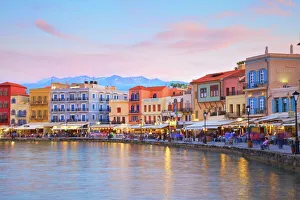 The Venetian Harbour at dusk, Chania, Crete, Greek Islands, Greece, Europe The Venetian Harbour at dusk, Chania, Crete, Greek Islands, Greece, Europe