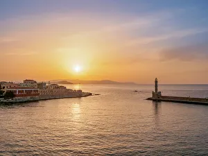 Greece Island Hopping Tours Prints: Venetian Harbour at sunset, elevated view