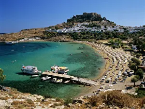 View over beach and castle, Lindos, Rhodes Island, Dodecanese Islands, Greek Islands View over beach and castle, Lindos, Rhodes Island, Dodecanese Islands, Greek Islands