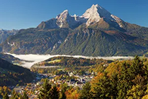 View of Berchtesgaden in autumn with the Watzmann mountain in the background, Berchtesgaden, Bavaria, Germany, Europe View of Berchtesgaden in autumn with the Watzmann mountain in the background, Berchtesgaden, Bavaria, Germany, Europe