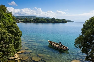 View over a canoe on Nkhata Bay, Lake Malawi, Malawi, Africa View over a canoe on Nkhata Bay, Lake Malawi, Malawi, Africa