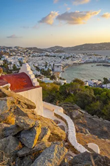 Cyclades Islands Landscape Prints: View of chapel and town from elevated view point at sunset, Mykonos Town, Mykonos