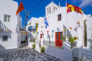 Aegean Sea Views Prints: View of chapel and whitewashed narrow street, Mykonos Town, Mykonos, Cyclades Islands