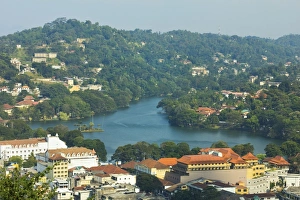 View east to the lake and the white Queens Hotel on left and Kandy City Centre shopping complex in centre, Kandy, Sri View east to the lake and the white Queens Hotel on left and Kandy City Centre shopping complex in centre, Kandy, Sri