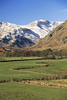 English National Parks Prints: View across fields to valley head in winter, Great Langdale, Lake District National Park