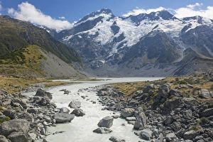 Mount Cook National Park Landscapes Prints: View along the Hooker River to Mount Sefton, Aoraki (Mount Cook) National Park, UNESCO