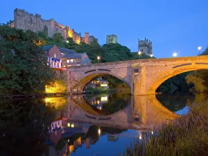 Prints of View to the illuminated castle and cathedral across the River Wear below Framwellgate Bridge, Durham, County Durham, England, United Kingdom, Europe Durham Prints: Durham Castle and Cathedral Print, England