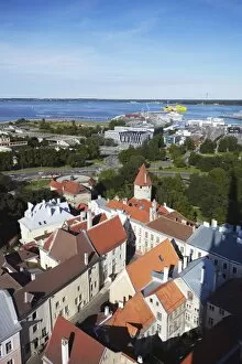 Estonia Collection: View of Lower Town with Ferry Terminal in background, Tallinn, Estonia