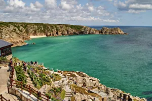 View over the Minack Theatre to Porthcurno beach near Penzance, West Cornwall, England View over the Minack Theatre to Porthcurno beach near Penzance, West Cornwall, England