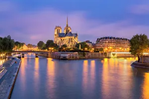 View of Notre Dame de Paris and its flying buttresses across the River Seine at blue hour View of Notre Dame de Paris and its flying buttresses across the River Seine at blue hour