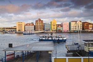 View of Otrobanda ferry terminal and Dutch colonial buildings on Handelskade along View of Otrobanda ferry terminal and Dutch colonial buildings on Handelskade along