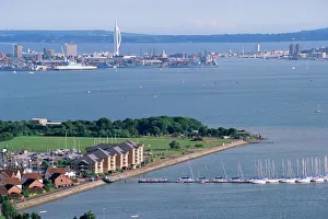 View from Portsdown Hill towards city and Spinnaker Towr, Portsmouth, Hampshire View from Portsdown Hill towards city and Spinnaker Towr, Portsmouth, Hampshire