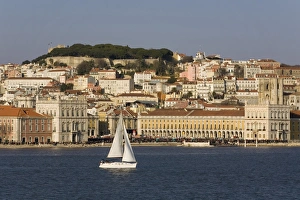 Lisbon Skyline Prints: View from River Tagus, showing Praca Comercio
