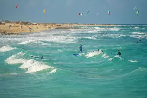 Images Dated 15th February 2023: View of surfboarders and the Atlantic Ocean, Corralejo Natural Park, Fuerteventura