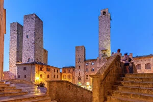 Images Dated 18th September 2023: View of towers in Piazza del Duomo at dusk, San Gimignano, UNESCO World Heritage Site