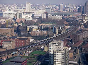 View over Vauxhall with Eurostar and other trains approaching Waterloo station View over Vauxhall with Eurostar and other trains approaching Waterloo station