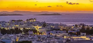 Windmill Landscape Photography Prints: View of windmills and Aegean Sea from elevated position at sunset, Mykonos Town, Mykonos