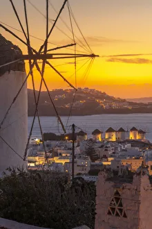 Cyclades Islands Landscape Prints: View of the windmills and town from elevated position at dusk, Mykonos Town, Mykonos