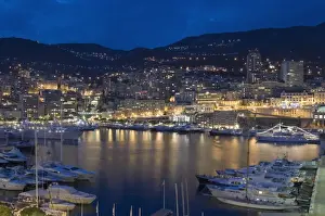 Prints of Waterfront at night, Monte Carlo, Principality of Monaco, Cote d Azur, Mediterranean, Europe Monaco Prints: Waterfront Nighttime Print of Monte Carlo