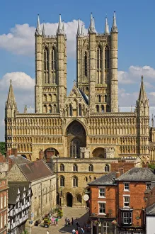 Prints of West front of Lincoln cathedral and Exchequer Gate, Lincoln, Lincolnshire, England, United Kingdom, Europe Lincolnshire Prints: Lincoln Cathedral West Front Print, England