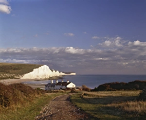 White chalk cliffs of the Seven Sisters, seen from Seaford Head, Sussex White chalk cliffs of the Seven Sisters, seen from Seaford Head, Sussex