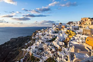 Greek Islands Landscape Prints: Whitewashed architecture at sunset, Oia, Santorini, Cyclades, Greek Islands, Greece