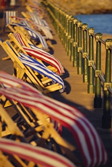 Devon Seaside Resorts Prints: Windblown deckchairs on seafront, Sidmouth, Devon, England
