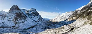 Winter view down snow-covered Glencoe showing Three Sisters of Glencoe Winter view down snow-covered Glencoe showing Three Sisters of Glencoe