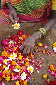 Woman making and selling garlands outside a Hindu temple, Goverdan, Uttar Pradesh, India Woman making and selling garlands outside a Hindu temple, Goverdan, Uttar Pradesh, India