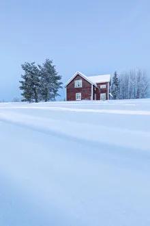 Wood house at dusk in the boreal forest (Taiga) covered with snow, Kiruna, Norrbotten County Wood house at dusk in the boreal forest (Taiga) covered with snow, Kiruna, Norrbotten County