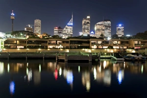 Sydney Skyline At Night Prints: Wooloomooloo seafront and city in the background, Sydney, New South Wales